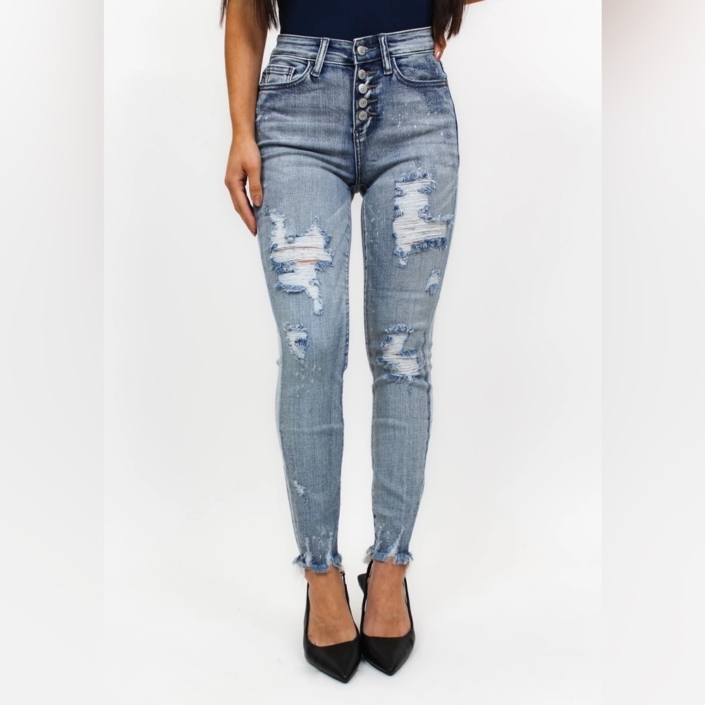 Judy Blue High Rise Medium Wash Destroyed Skinny Jeans Sz 7/28